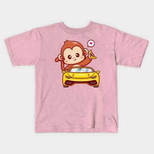 Cute Monkey Driving Car And Holding Banana Cartoon Kids T-Shirt